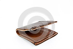 Leather brown wallet handmade isolated on white background