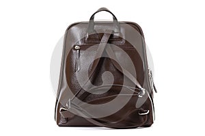 Leather brown women`s backpack back side on a white background