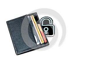 Leather cardholder with credit cards on a white background. Prohibition of online purchases. Credit card lock