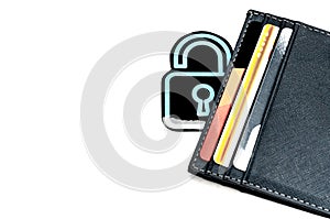 Leather cardholder with credit cards on a white background. Prohibition of online purchases. Credit card lock