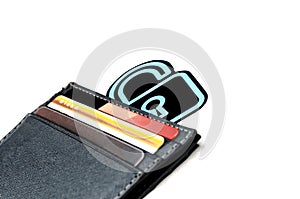 Leather cardholder with credit cards on a white background. Prohibition of online purchases. Credit card lock