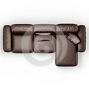 Leather corner sofa brown color on a white background top view 3d