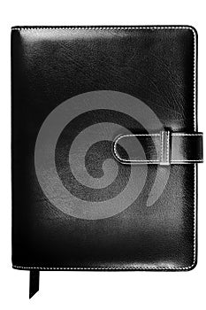 Leather-covered bound notebook with black cover