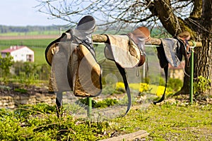 Leather cowboy saddles hanging on the railing