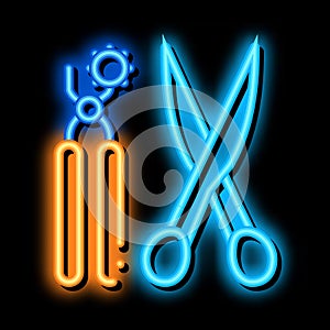 leather craft scissors and punch tool neon glow icon illustration