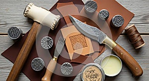 Leather crafting handmade leatherwork tools set up