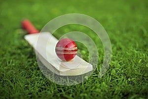 Leather Cricket ball resting on a cricket bat placed on green grass cricket ground pitch