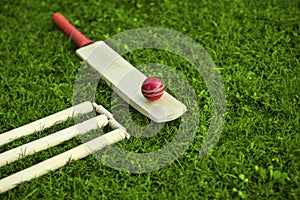 Leather Cricket ball resting on a cricket bat placed on green grass cricket ground pitch