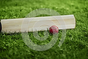 Leather Cricket ball resting on a cricket bat placed on green grass cricket ground pitch