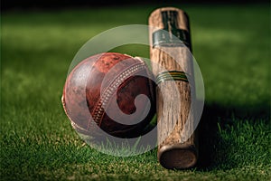 leather Cricket ball resting on a cricket bat placed on green grass cricket ground pitchleather. Generative AI