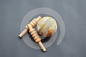 Leather cricket ball and wickets