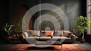 A Leather Dark Grey Sofa with a Dark Gray Empty Wall Behind Persian Rug on Floor Lux Side Table Living Room Background