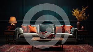 A Leather Dark Grey Sofa with a Dark Gray Empty Wall Behind Persian Rug on Floor Lux Side Table Living Room Background