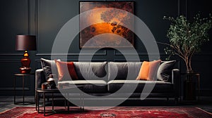 A Leather Dark Grey Sofa with a Dark Gray Empty Wall Behind Persian Rug on Floor Lux Side Table Living Room Background