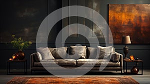 A Leather Dark Grey Sofa with a Dark Gray Empty Wall Behind Persian Rug on Floor Lux Side Table Living Room Background
