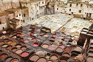 Leather dyeing and tannery pits, Fez, Morocco photo