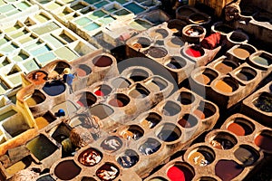 Leather dying in a traditional tannery in Fes, Morocco