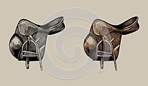 Leather equestrian saddle, hand drawn illustration