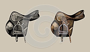 Leather equestrian saddle, hand drawn illustration photo