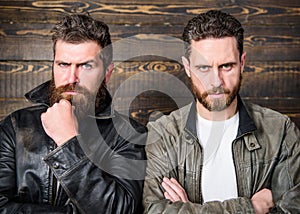 Leather fashion menswear. Handsome stylish and cool. Brutal men wear leather jackets. Men brutal bearded hipster posing