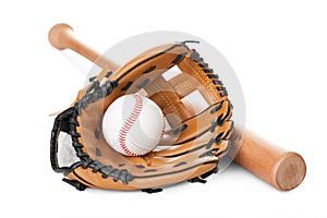 Leather glove with baseball and bat on white