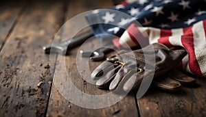 Leather Gloves and American Flag with Tools on Rustic Wooden Table Background