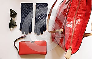 Leather gloves black sunglasses red purse handbag fashion Spring Autumn Women Accessories white background