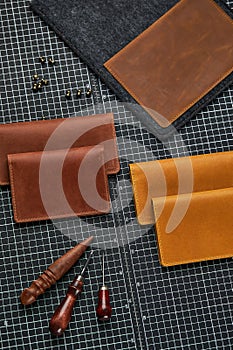 Leather goods for men. A set of men's leather accessories, a bag, a passport cover, a wallet, a handbag, a keychain case