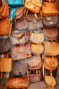 Leather hand bags exposed in Granada