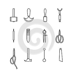 Leather hand craft tool icon set outline style