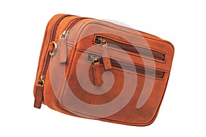 Leather handbag isolated. Close-up of brown businessman luxury leather wrist handbag. Clipping Path. Fashionable brown leather