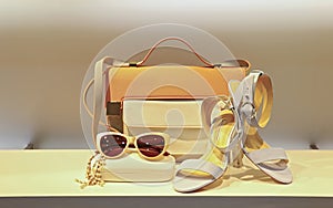 Leather handbag, shoes and sunglass for ladies
