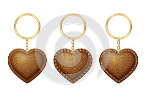 Leather heart shape keychain, holder trinket for key with metal ring.