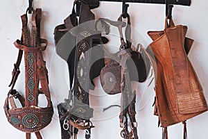 Leather horse bridles and bits hanging on wall.