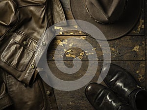 Leather jacket, hat and boots