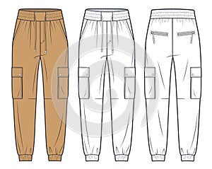 Leather Jogger Pants technical fashion illustration. Denim Pants fashion flat technical drawing template, pockets