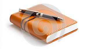A Leather Journal and Pen with Strap on White Isolated Background
