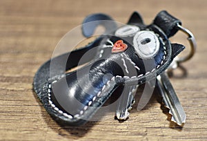 Leather key ring  cat and keys