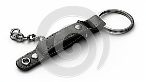 A leather keychain holder with metal ring and chain. Modern realistic template of a black fob isolated on white. Blank photo