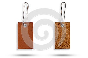 Leather label of product price and stainless steel ball chain on isolate white background.