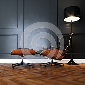 Leather lounge chair in new black interior with wooden parquet f