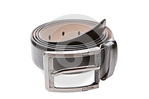 Leather men`s belt with steel buckle, twisted ring, on a white background