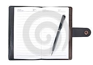 Leather notebook opened with pen vintage style isolated on white background. Leather notebook with pen isolated