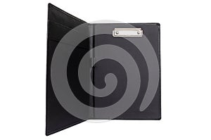 Leather open portfolio for documents on a white background