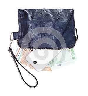 Leather pouch bag with phone and euros isolated