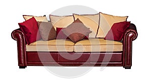 Leather red sofa with pillows isolated