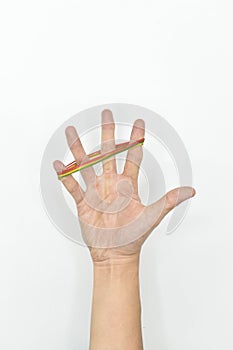 Leather ring exercise for hand muscle strength. Fingers rehabilitation