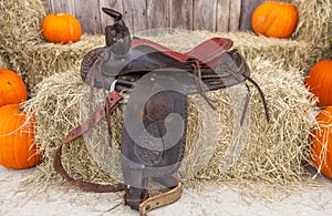 Leather saddle on hay bales