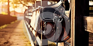 Leather saddle for horse team hangs on wooden fence at ranch or racetrack outdoor