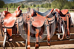 Leather saddles hang on a wooden fence in a sandy arena. Horse riding competition concept.